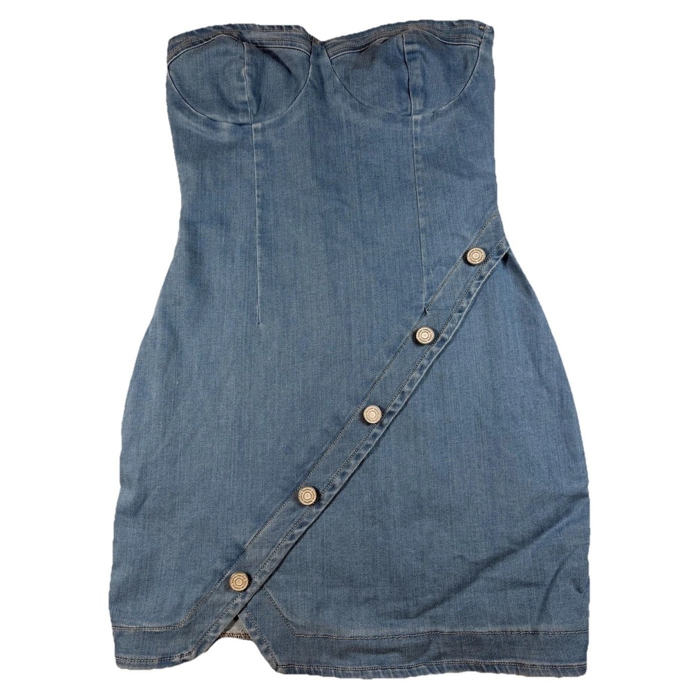 Boohoo Blue Dress Womens 8 Blue Denim Strapless Sweetheart Bodycon Mini Party